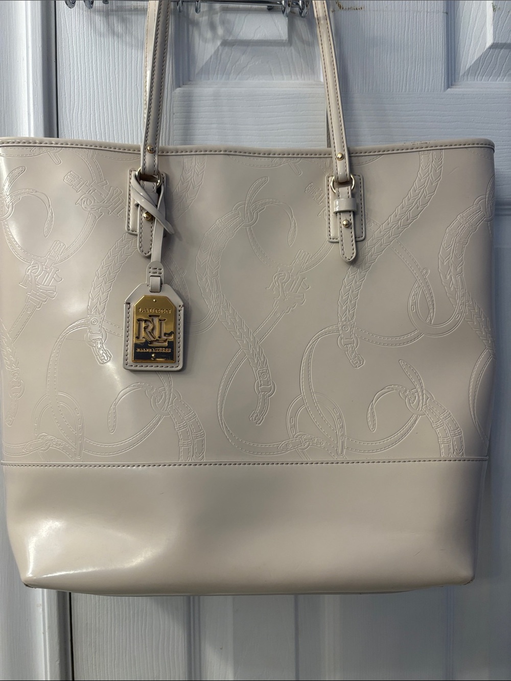 Ralph Lauren Cream Large Tote with Equestrian Pattern, gold, Patent Leather